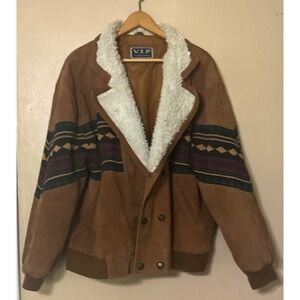 V.I.P. Collection Mens Suede Bomber Jacket SW Pattern Sherpa Lined Size